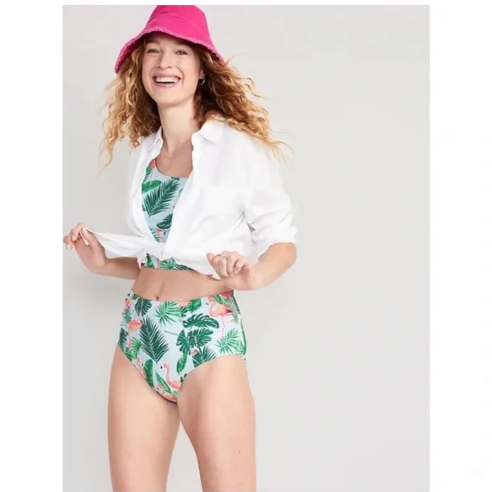 Old navy flamingo family women’s high waisted 2 piece one shoulder bikini